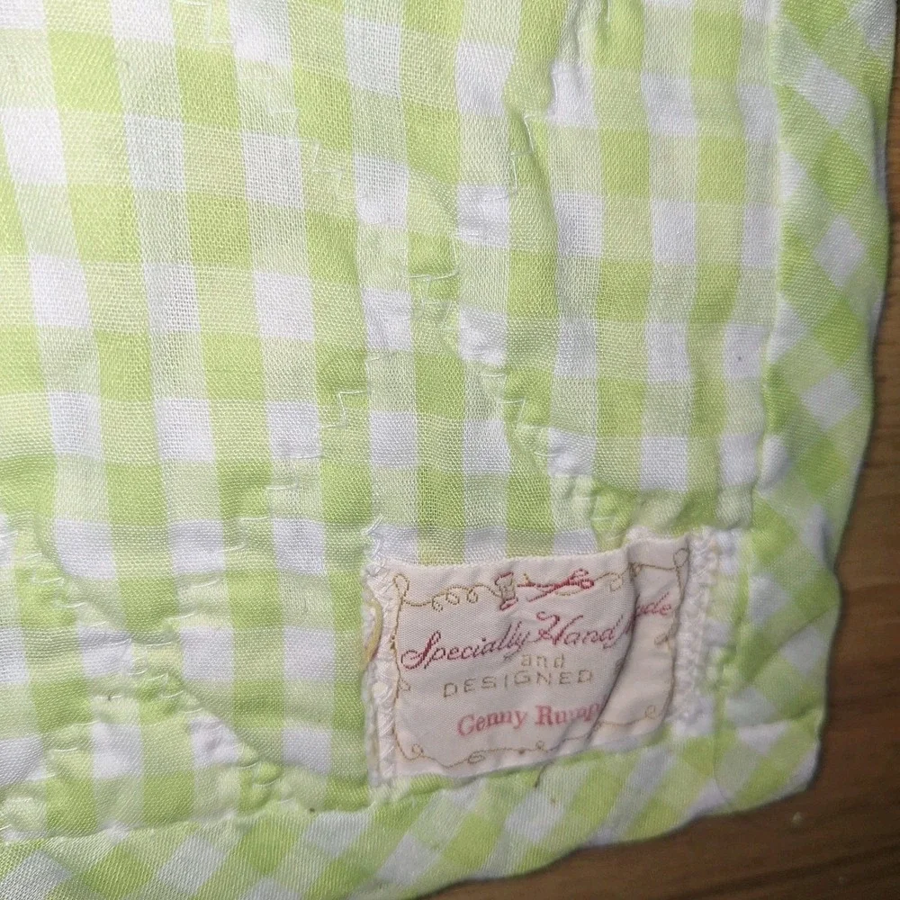 Vtg Quilt Baby Nursery Rhyme  Embroidered Block Gingham Green 4x3 Cottagecore
